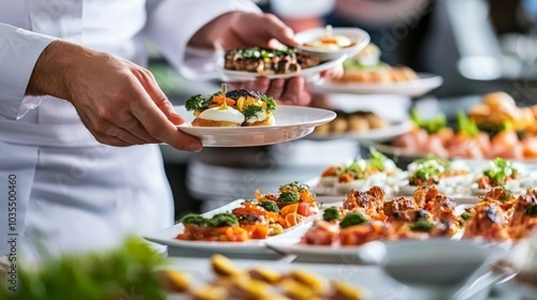 Fototapeta In a restaurant, waitstaff members prepare food for a buffet table. The caterer sets up a spread of appetisers on a table for service. expertly catered event with a focus on diversity and appearance.