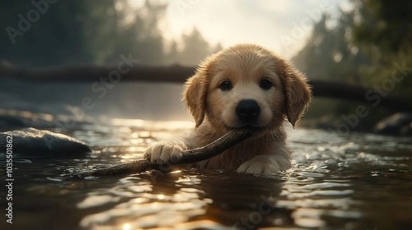 Fototapeta Golden Retriever Puppy Fetching a Stick