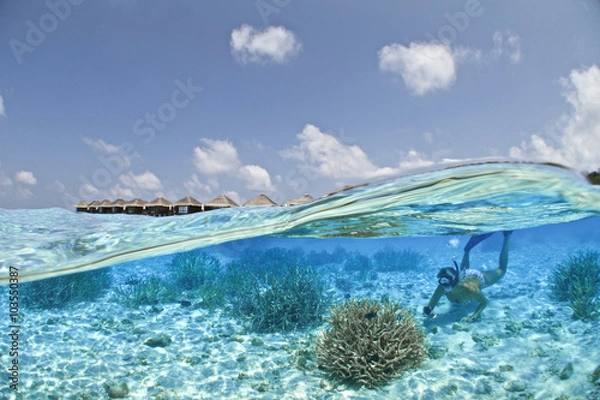 Fototapeta REEF EXPLORER / This shot was made next to the water villas at the indian ocean. dairying this shooting the model was having so much fun exploring the corals!