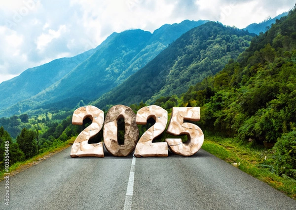 Fototapeta Stones in the shape of 2025 on the road against the background of mountains