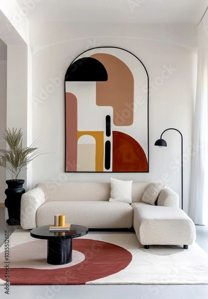 Fototapeta Minimalist, japandi style interior design of modern living room with a curved boucle sofa, abstract arched wall art, and bold geometric rug.