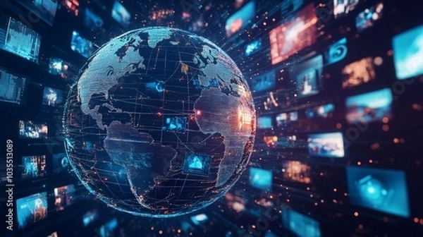 Fototapeta Abstract digital globe symbolizing global connectivity, featuring a network of connections and floating media content, illustrating the interconnectedness of modern communication technology.