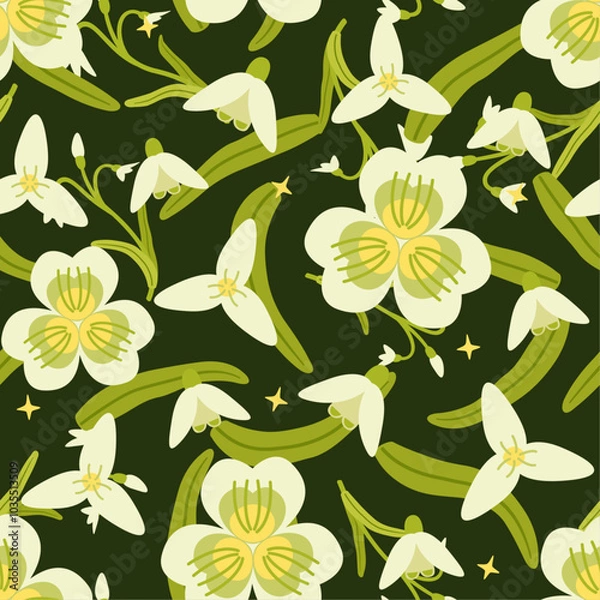 Fototapeta Snowdrop flowers wreath with branch and leaves. Seamless pattern background. Floral vector artwork for apparel and fashion fabrics