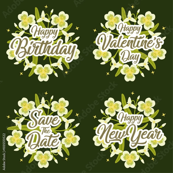 Fototapeta Vector snowdrop flower greeting card and invitation template for birthday or valentine day and happy new year
