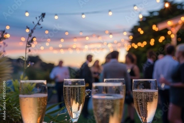 Fototapeta Elegant outdoor networking event with string lights illuminating