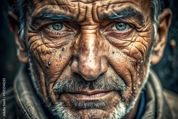Fototapeta Resilient Spirit: A Close-Up Aerial Portrait of a Weathered Face Full of Strength and Hope