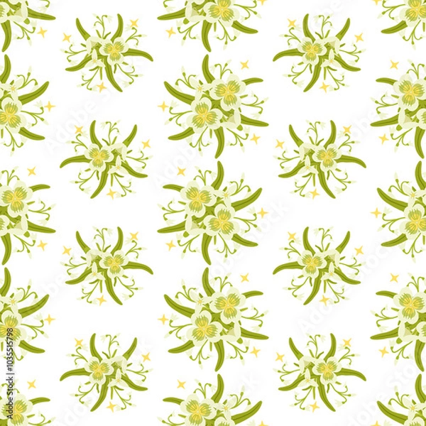 Fototapeta Snowdrop flowers wreath with branch and leaves. Seamless pattern background. Floral vector artwork for apparel and fashion fabrics