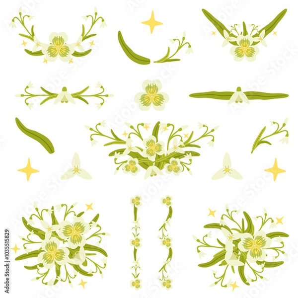 Fototapeta Isolated snowdrop flowers wreath with branch and leaves. Vector bouquet and decorative object