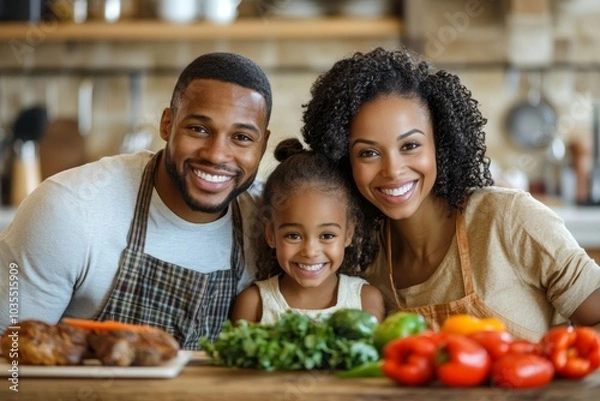 Fototapeta Smiling young family in kitchen, Generative AI