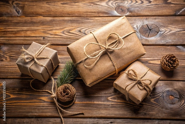 Fototapeta Rustic brown paper gifts tied with twine on wooden background with natural elements