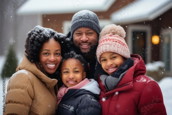Fototapeta Portrait of a African American family smiling in front of house during snowfall
