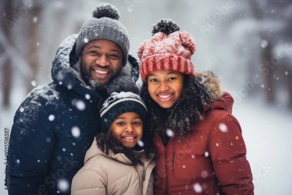 Fototapeta Portrait of a African American family smiling in front of house during snowfall