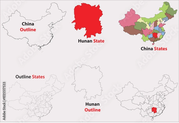 Fototapeta Hunan map vector of China, Hunan line map, Hunan with city map, Hunan outline map