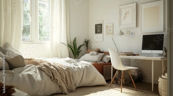 Fototapeta A white, aesthetic bedroom with a bed, desk, and computer in the corner of the room. A cozy blanket rests on top of the bed, and photo frames adorn the wall. 