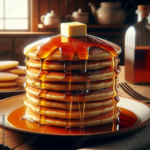 Fototapeta A stack of fluffy pancakes, drizzled with syrup and butter, a tempting and comforting breakfast.