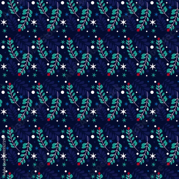 Obraz Christmas Seamless Blue Background with Red Berries and Branches. Holiday Backgrounds for Christmas Packaging and Seasonal Design