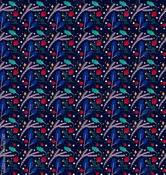 Obraz Christmas Seamless Blue Background with Red Berries and Branches. Holiday Backgrounds for Christmas Packaging and Seasonal Design	