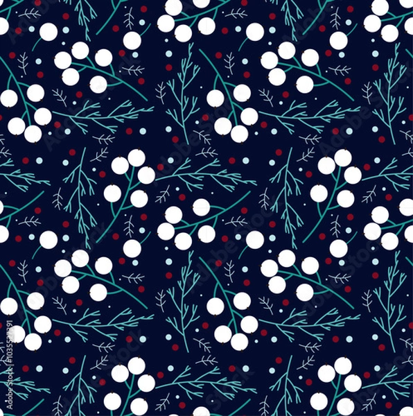 Obraz Christmas Seamless Blue Background with White Berries and Branches. Holiday Backgrounds for Christmas Packaging and Seasonal Design