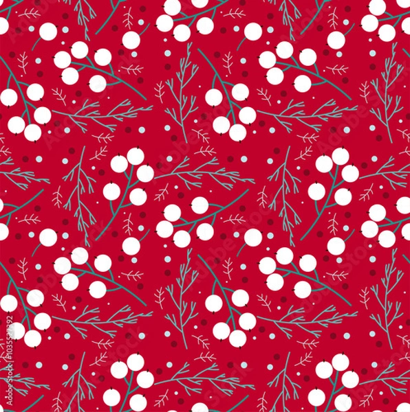 Obraz Christmas Seamless Red Background with White Berries and Branches. Holiday Backgrounds for Christmas Packaging and Seasonal Design	