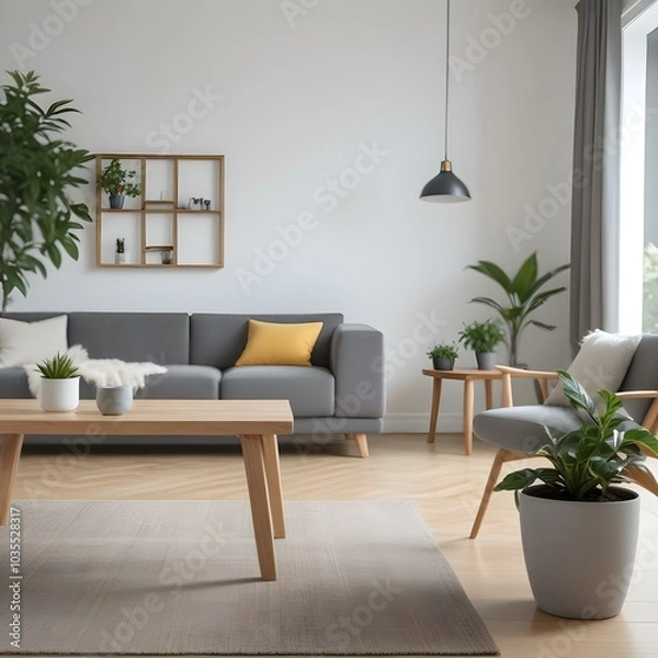 Fototapeta A wooden table in the foreground with a potted plant , with a living room in the background featuring a gray sofa and a large window.
