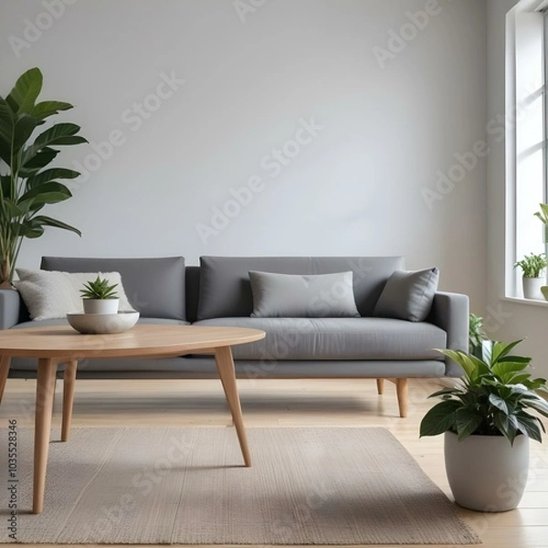 Fototapeta A wooden table in the foreground with a potted plant , with a living room in the background featuring a gray sofa and a large window.