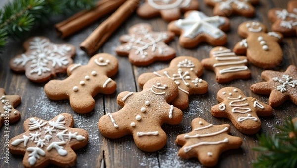 Fototapeta Festive gingerbread cookies on wooden table with cinnamon and pine