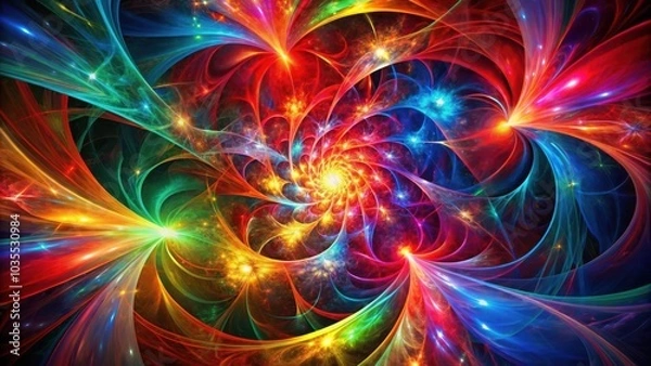 Fototapeta A vibrant spiral of luminous colors and glowing stars in a cosmic dance of light and energy