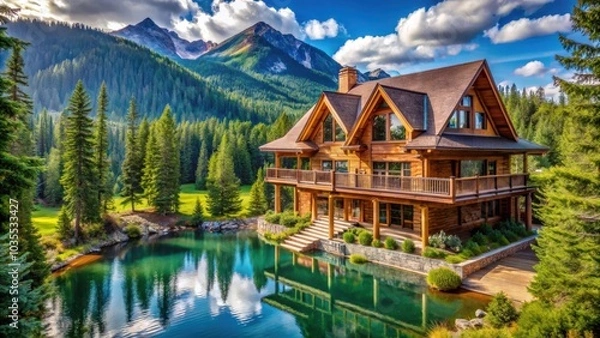 Fototapeta A secluded wooden cabin nestled amidst towering pines and a reflecting pond, creating a tranquil and idyllic retreat in a majestic mountainous landscape.