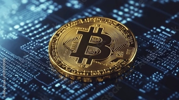 Fototapeta Bitcoin market dynamics, cryptocurrency concepts visualized on an abstract blue-gray backdrop, showcasing digital finance evolution and technological innovation in modern economy.