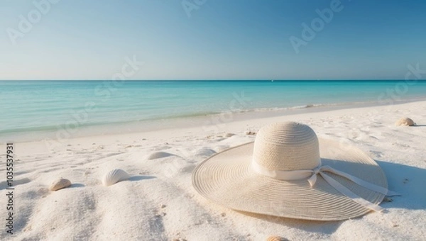 Fototapeta Calming Travel Banner with Pristine White Sand Beach and Stylish Sun Hat by the Serene Ocean.