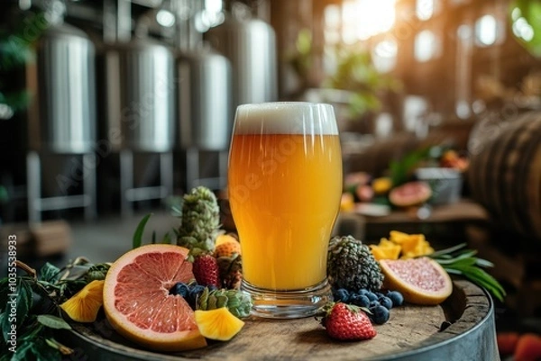 Fototapeta Hazy New England IPA on barrel with fruit slices and hop cones in trendy brewery