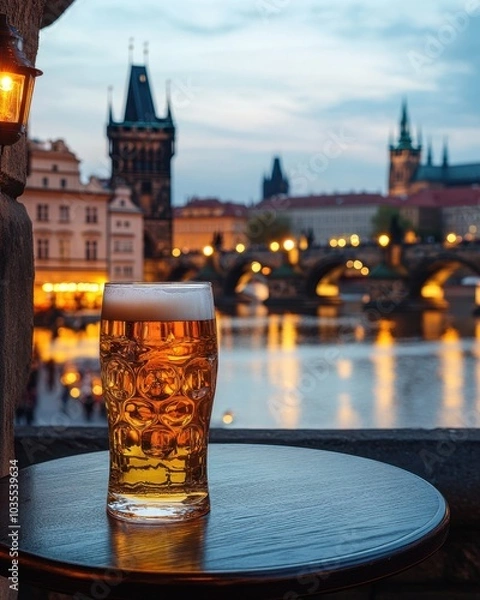Fototapeta Czech lager on café table with Prague city view and evening lanterns