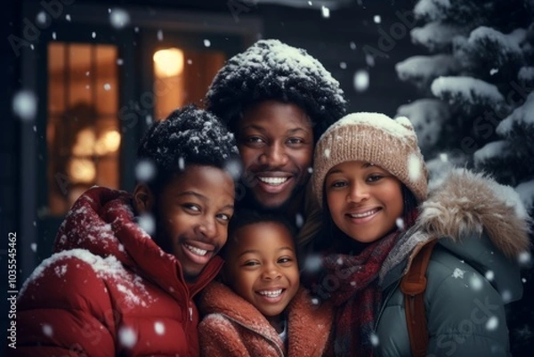 Fototapeta Portrait of a African American family smiling in front of house during snowfall