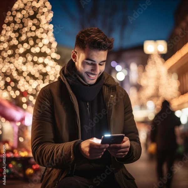 Obraz Man Focused on Finding Black Friday Deals on His Phone