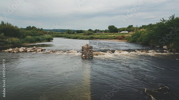 Fototapeta serene river splits into two, showcasing wooden structure amidst gentle rapids. lush greenery and calm waters create peaceful atmosphere, inviting reflection and tranquility