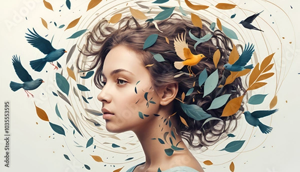 Fototapeta Mental health issues concept. Girl surrounded by swirling abstract as birds and leaves