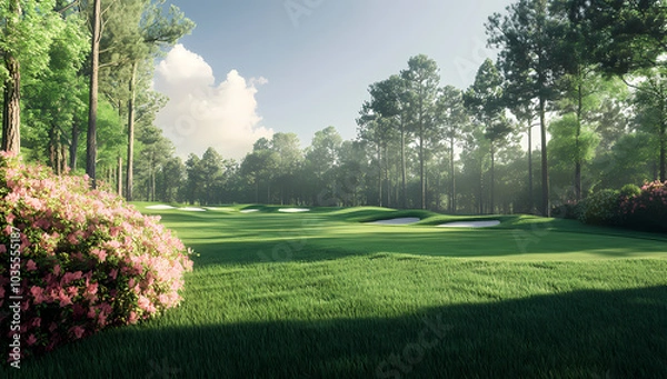 Obraz The golf course at the Masters in Augusta, Georgia, is the opposite of dull, with pink azaleas and lush green grass 
