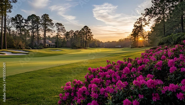 Obraz The golf course at the Masters in Augusta, Georgia, is the opposite of dull, with pink azaleas and lush green grass 