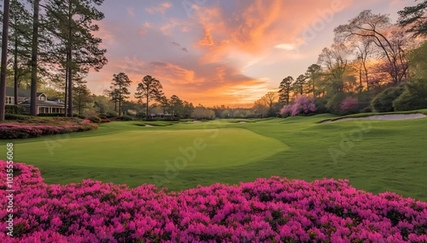 Obraz The golf course at the Masters in Augusta, Georgia, is the opposite of dull, with pink azaleas and lush green grass 