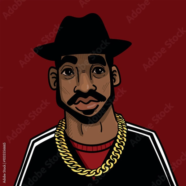 Fototapeta Vector drawing of a hip-hop rapper with a hat and gold chain in front of a red background. Perfect for urban art, music, fashion, album covers and streetwear designs. Retro style with vibrant colors f