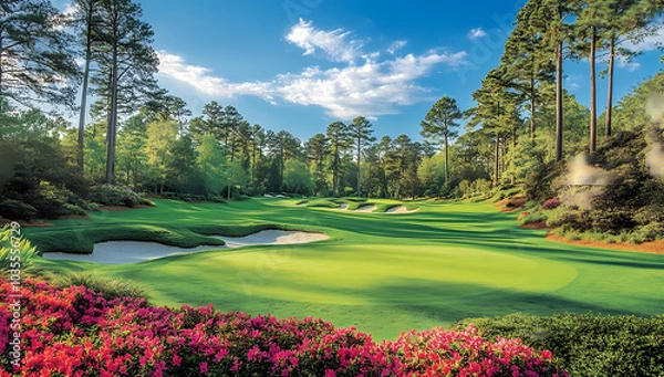 Obraz The golf course at the Masters in Augusta, Georgia, is the opposite of dull, with pink azaleas and lush green grass 