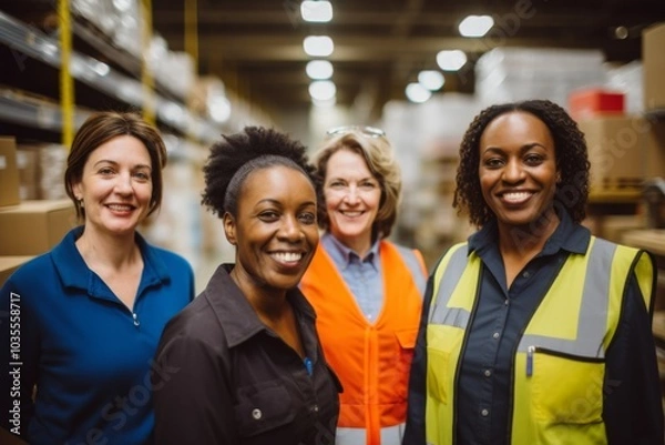 Fototapeta Smiling portrait of a diverse group of female warehouse workers