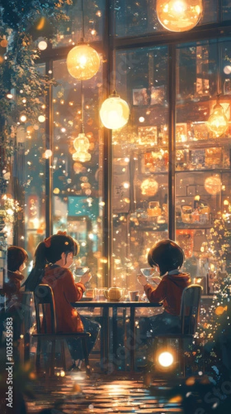 Fototapeta cozy cafe scene with warm lighting and three people enjoying drinks, surrounded by glowing lanterns and peaceful atmosphere. ambiance is inviting and serene.
