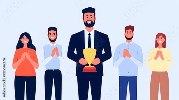Obraz A group of five individuals, one holding a trophy, celebrating achievement in a professional setting with a backdrop of applause.