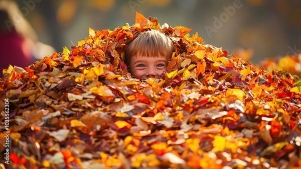 Fototapeta A child with bright eyes jumps into a pile of freshly raked leaves giggling as they disappear into the colorful mound