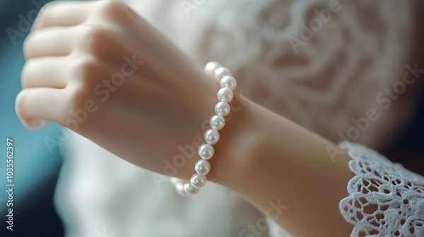 Fototapeta A close-up of a hand adorned with a classic pearl bracelet, showcasing elegance against a softly blurred background.