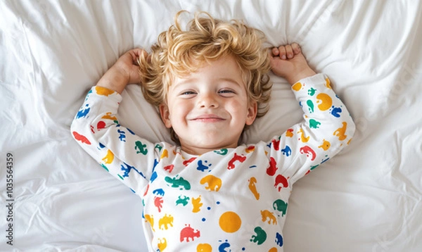 Fototapeta happy toddler boy lying in bed wearing colorful pajamas, generative ai