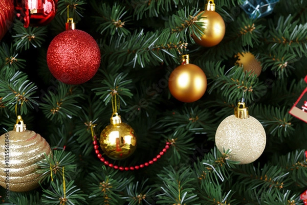 Fototapeta Tree in on. winter ation concept. a colorful tree with a and toys hanging. colorful tree with a tree hanging on a lifestyle.
