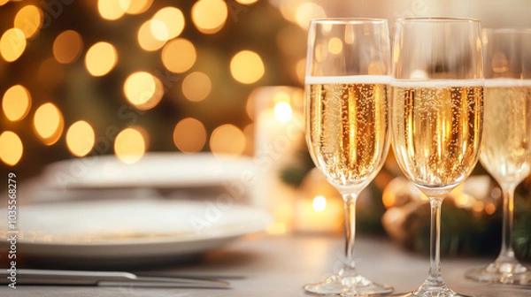 Fototapeta Elegant champagne glasses filled with bubbly on a festive table, softly illuminated by warm, glowing lights in the background.