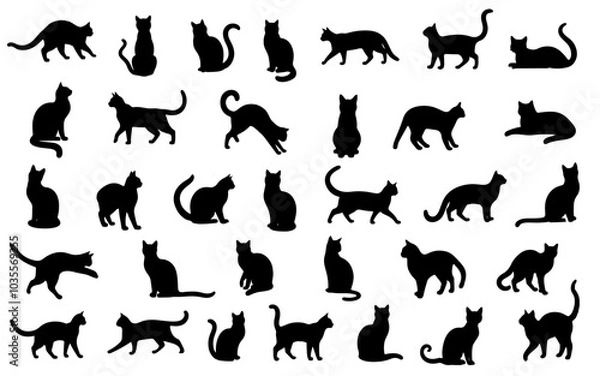 Fototapeta Set of cats silhouette in different poses. Hand drawn black cats  isolated on white background. Vector illustration of Halloween decorative elements for design decor.